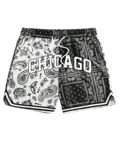 Hombres Paisley & Shorts con estampado de letras, ribete de rayas, cintura con cordón, escuela 1