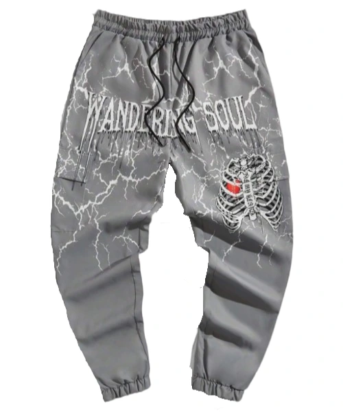 Grunge Punk Men Letter & Skeleton Print Drawstring Waist Pants, School 1