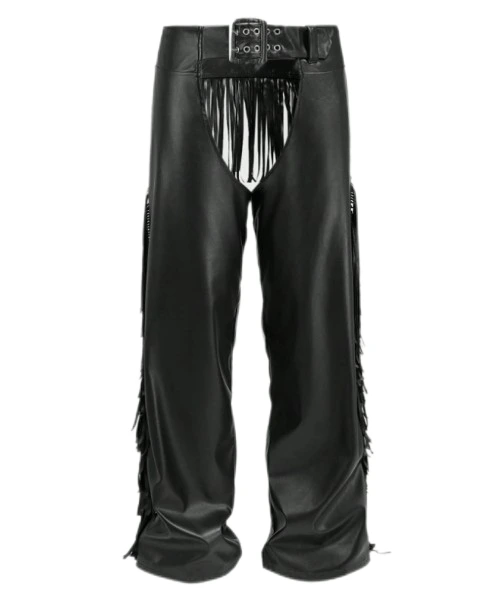 Men's Waist Metal Buckle Accented Patchwork Fringe Cutout PU Leather Fashionable Pants, Going Out Baggy Pants, For Husband, Boyfriend Gifts 1