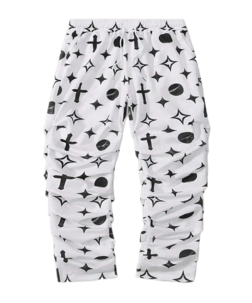 Men's Drawstring Waist Cross Printed Pleated Casual Loose Jogger Pants 1