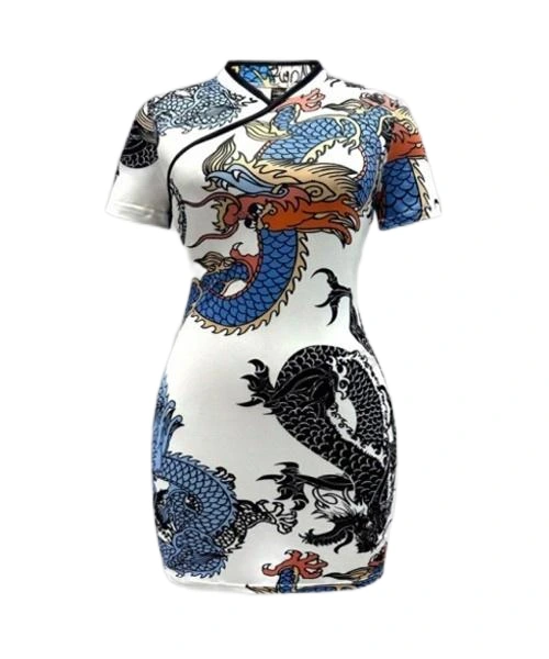 Chinese Dragon Print Random Cut Women Summer Stand Collar Short Sleeve Elegant Dress 1