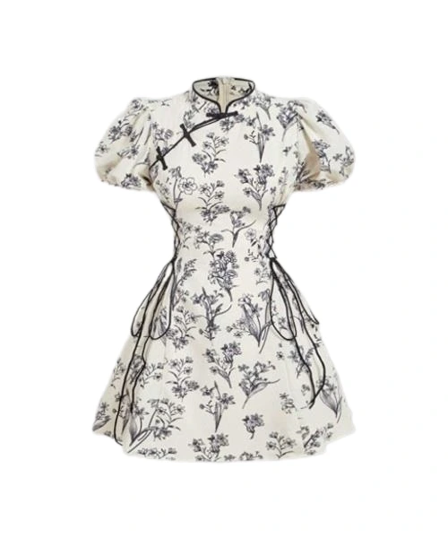 Con cintura ceñida negro de mujer & vestido corto de manga abullonada estilo chino floral blanco, vestido de trabajo, vestido moldeador 1