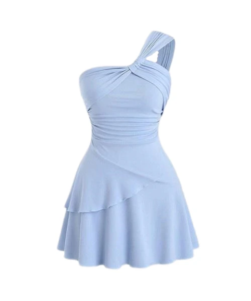 Vestido de cintura ceñida fruncida con escote asimétrico de color liso 1