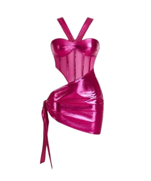 Vestido con cuello halter en contraste de malla ahuecado con lazo Y2K Bodycon Club Trajes de mujer Mini vestido negro de una pieza 1