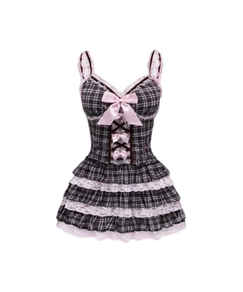 Vintage Sweet Mesh Plaid Cake Lace Ruffle Bow Decor Ladies Short Dress 1