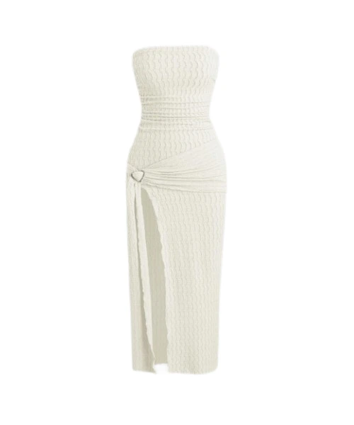 Vestido maxi de punto jacquard con abertura lateral sin tirantes de color sólido de verano para mujer, elegante 1