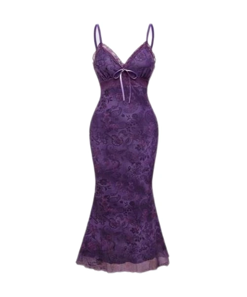 Retro Sexy Mystery Witch Lace Splice Purple Bodycon Mermaid Dress For Ladies 1