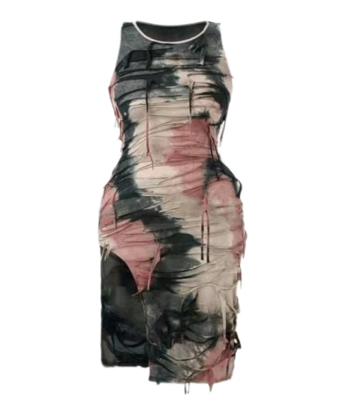 Sleeveless Textured Round Neck Color-Block Split Dress 1