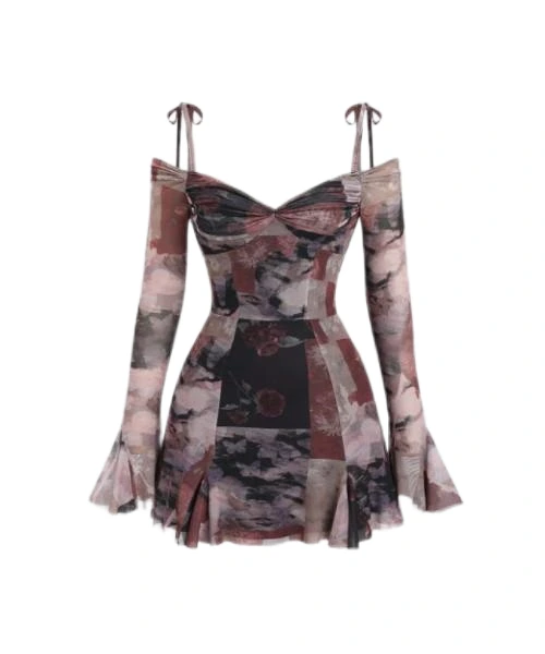 Retro Printed Long Flare Sleeve Off Shoulder Sexy A-Line Mini Dress With Frill Trim 1