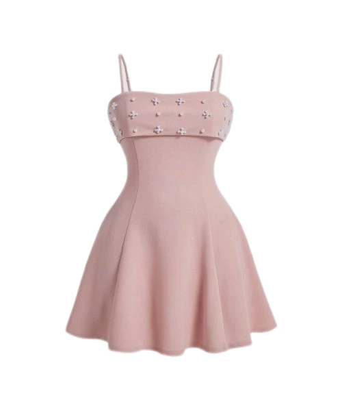 Women's Pink Beaded Waist Cinched Spaghetti Strap Dress 1