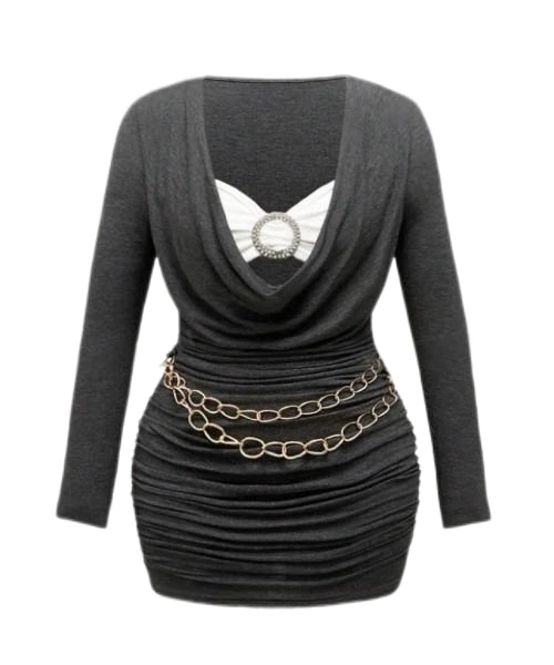 Punk Vintage American Mockneck Round Chain Decor Slim-Fit Women Mini Bodycon Party Dress, Long Sleeve 1
