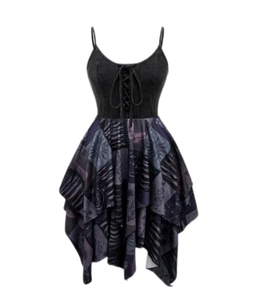 Women's Spaghetti Strap Front Lace-Up Printed Patchwork Asymmetrical Hem Dress, Suitable For Daily Casual Wear 1