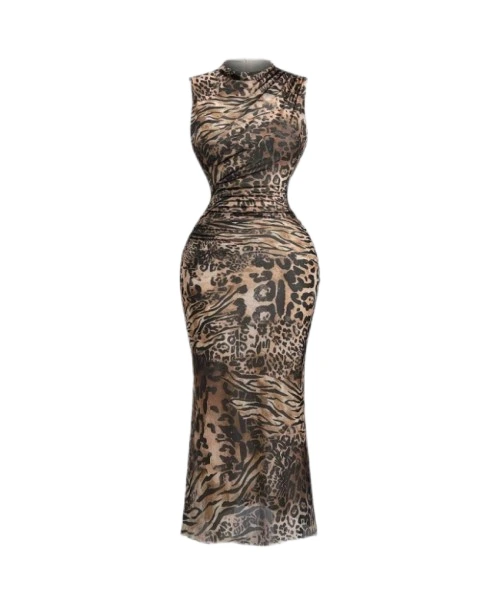 Women Casual Mesh, Leopard, Ruched Turtleneck Dress For Everyday Wear, Shopping, Party Maxi Women Outfit 1
