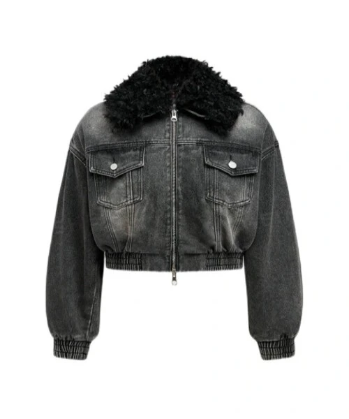 Gray Fluffy Denim Jacket for Cozy Winter Wear 1