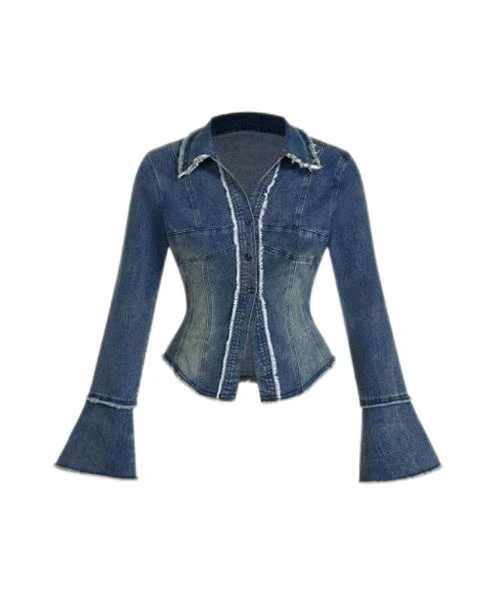 Women Front Button Long Sleeve Fringe Edge Casual Denim Jacket 1