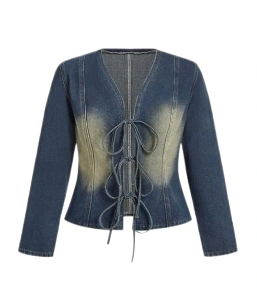 Women's Casual Vintage Washed Lace-Up Denim Jacket 1