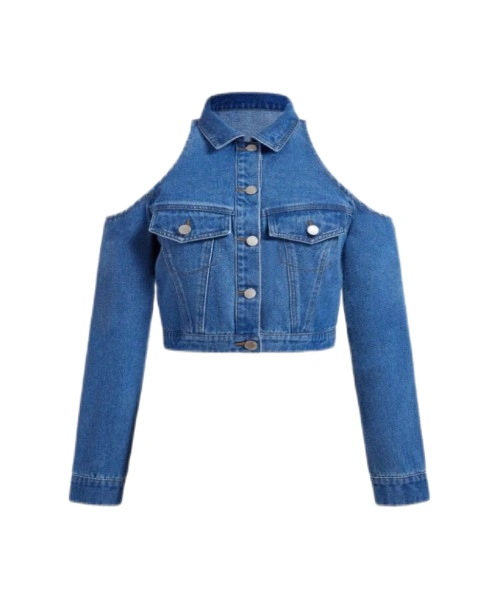 Women's 90s Outfit Casual Blue Denim Jacket With Turndown Collar And Open Shoulder Design, 1