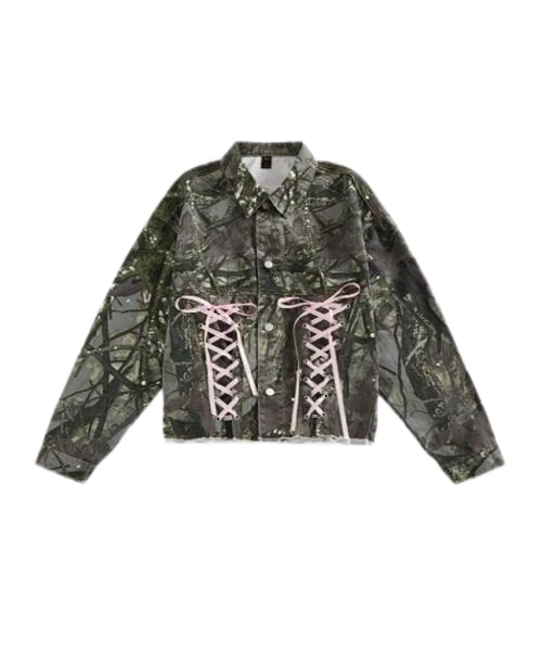Vintage Camouflage & Bare Tree Print Pink Bow Tie Up Denim Jacket 1