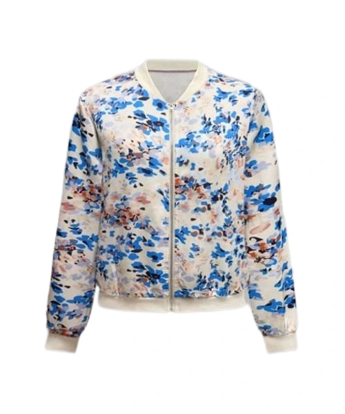 Chaqueta de béisbol informal con cremallera y estampado integral para mujer, ligera 1