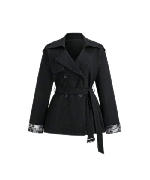 Women's Plaid Patchwork Waistband Casual Fashionable Mid-Length Trench Coat, Windproof Double-Breasted Suit Collar Chic Jacket, Slim Fit Spring & Autumn Style 1