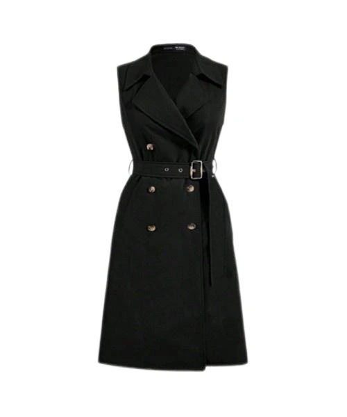 Khaki Sleeveless Retro Cinched Waist Women Long Trench Coat 1