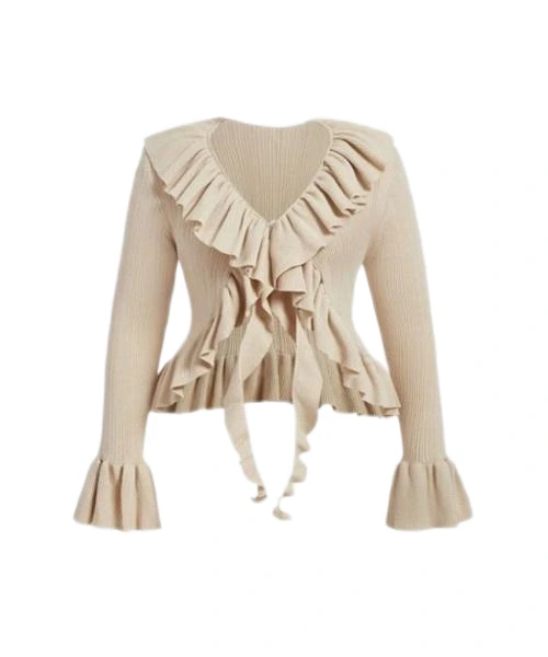 Plus Size Vintage V-Neck Fringed Ruffle Hem Knitted Cardigan 1