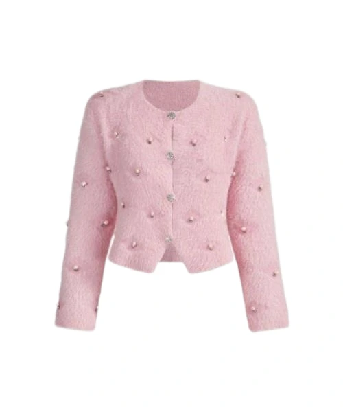 Elegant Faux Mink Rhinestone Embellished Loose Knit Cardigan Sweater 1
