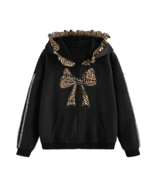 Leopard Print Bow Embroidered Ruffle Trim Hooded Sweatshirt 1