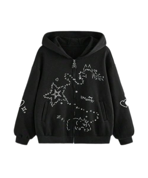 Oversized Street-Style Japanese Emoticon Embroidery Cat Ear Hoodie 1