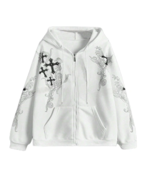 Cross Print Zip Up Drawstring Thermal Lined Hoodie, School,Long Sleeve Tops 1