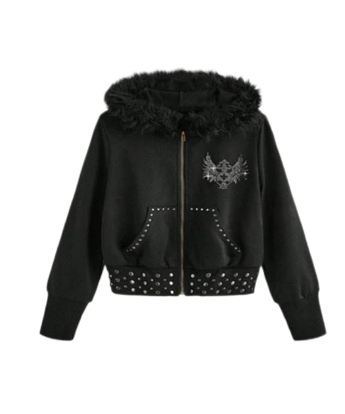 Warm Thermal Grunge Punk Style Skeleton Rhinestone Rivet Fluffy Hooded Sweatshirt For Women 1