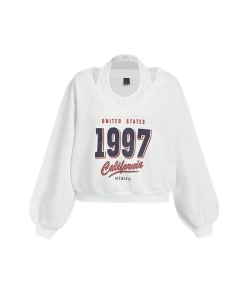 Sudadera holgada con cuello simulado y estampado de letras vintage, súper blanco 1