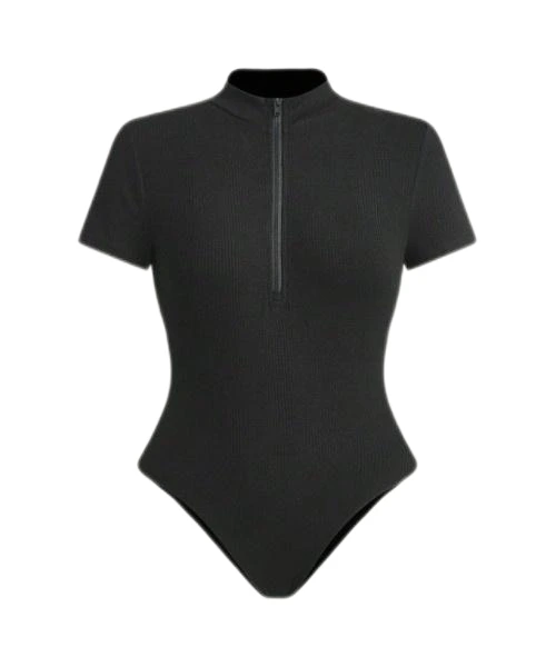 Women's Solid Color Knit Short Sleeve Collared Zip-Up Fitted Bodysuit Fall Women Clothes Tracksuit Purple Corset Top Black Bodysuit 1