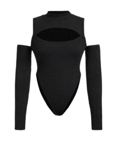 Cut Out Cold Shoulder High Cut Black Bodysuit 1