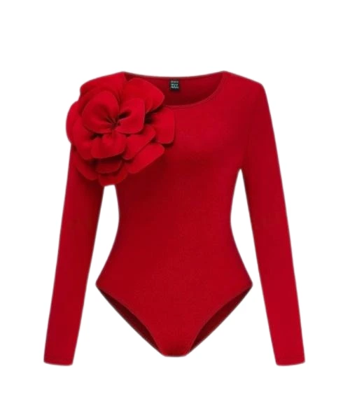 Women's Round Neck Floral Decor Elegant Fitted Bodysuit 1