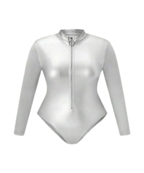 Plus Size Long Sleeve Bodysuit With Front Zipper Closure 1
