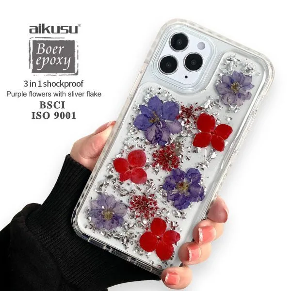 aikusu 5M Shockproof TPU PC TPE Natural Flower Resin Epoxy Phone Cases For iPhone 16 15 14 13 12 Pro Max 1