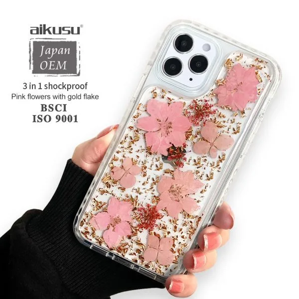 aikusu 5M Shock TPU PC TPE Natural Flower Resin Epoxy Phone Cases For iPhone 16 15 14 13 12 Pro Max 1