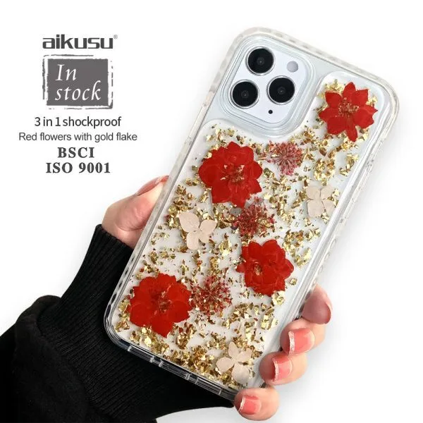 aikusu 5M 防震 TPU PC TPE 天然花樹脂環氧樹脂手機殼適用於 iPhone 16 15 14 13 12 Pro Max 1