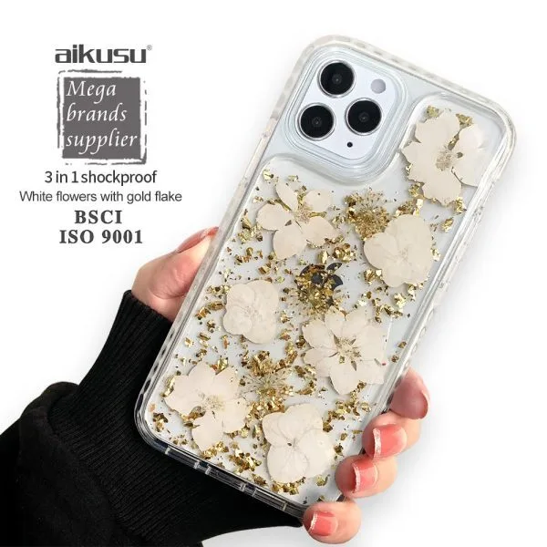 aikusu 5M Anti-impact TPU PC TPE Natural Flower Resin Epoxy Phone Cases For iPhone 16 15 14 13 12 Pro Max 1