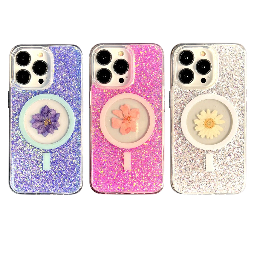 1.5M anti shock customized ecofriendly real pressed dried floral glitter Magsafe mobile phone case for iPhone 16 pro max 1