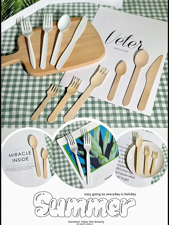 Sistema de madera biodegradable de los cubiertos del vajilla del cuchillo de la bifurcación de la cuchara de madera disponible de la fábrica 1