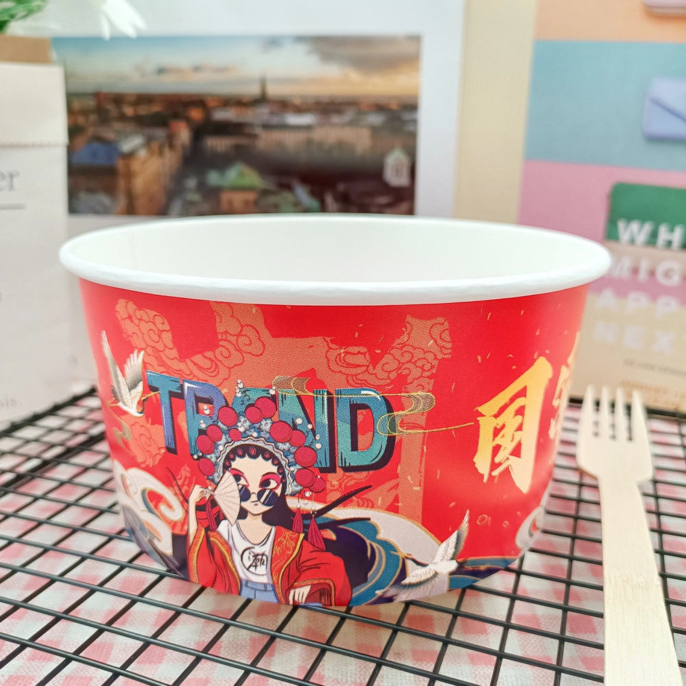 Concevez en fonction du client la cuvette de papier jetable de couleur avec le couvercle pour la nourriture chaude de soupe de salade de riz de nouilles 1