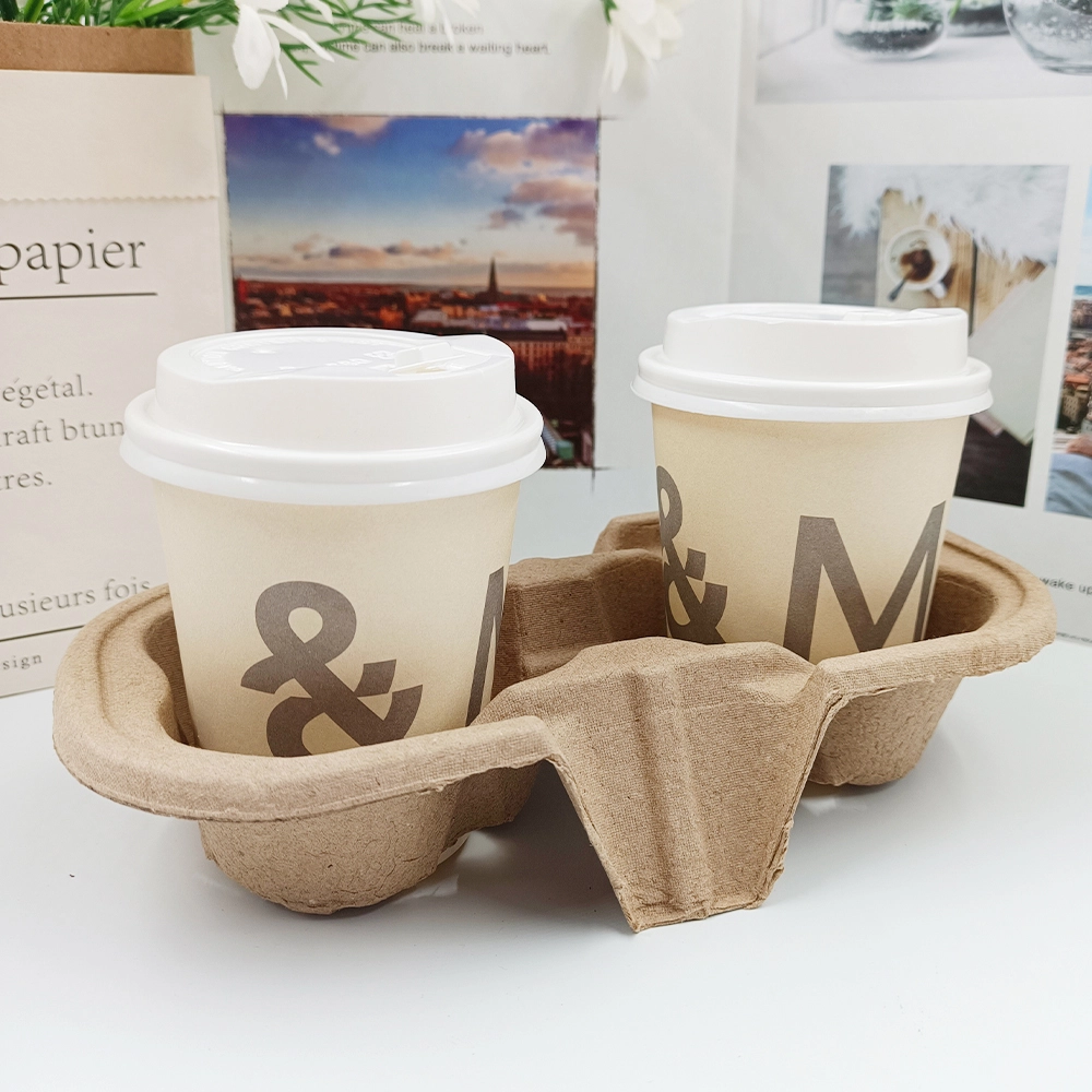 Custom Paper Cup Holder Tray Coffee Paper Cup Carrier Bagasse Biodegradable 2 Cup Drink Carrier Tray 1