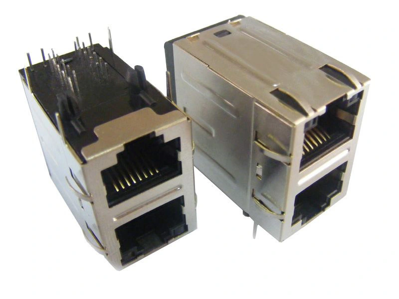 KLS12-TL009 Dual RJ45 Modular Jack with LED Transformer( Right PCB Mount ) 1