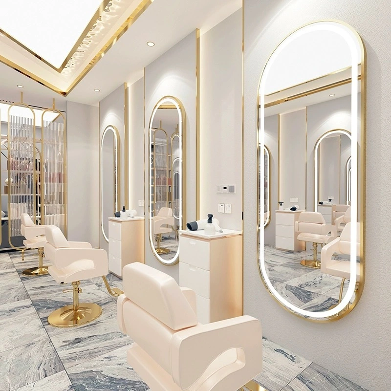 Lumière de luxe Led or miroir armoire simple côté miroir Station cheveux Salon de beauté meubles barbier doré Station 1