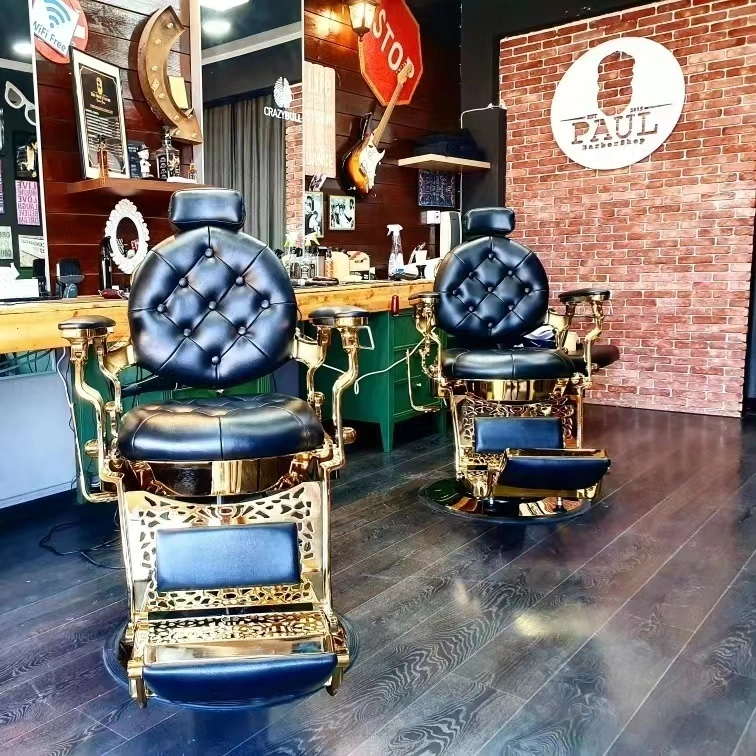 Venta al por mayor, silla de peluquería, peluquero clásico Vintage, muebles lujosos de salón, silla de peluquero, silla de peluquería de oro antiguo para hombres 1