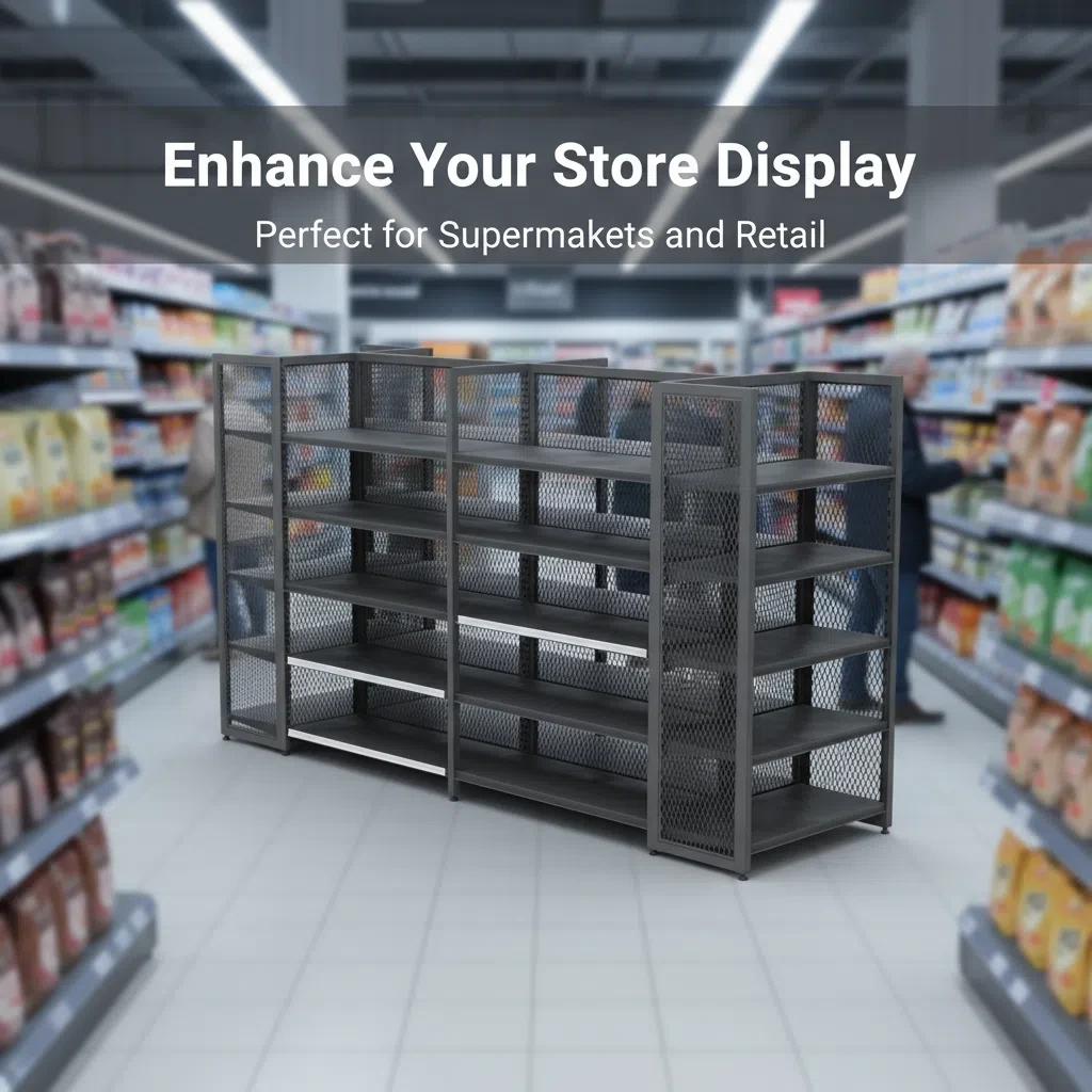 رفوف شبكية معدنية مرئية لعرض البضائع وتخزينها في مناطق الترويج في السوبر ماركت 1