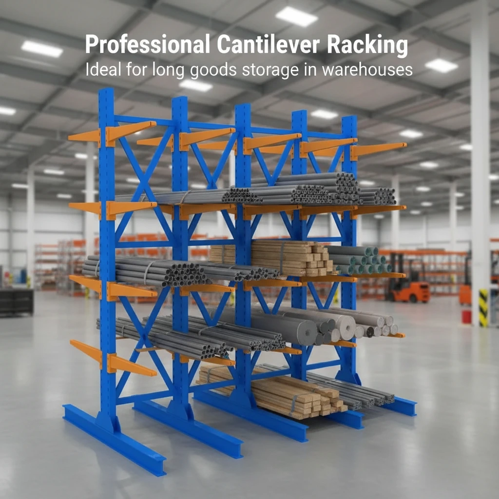 Estantería Cantilever de color azul y naranja, solución de almacenamiento industrial de alta resistencia para artículos largos de almacén. 1