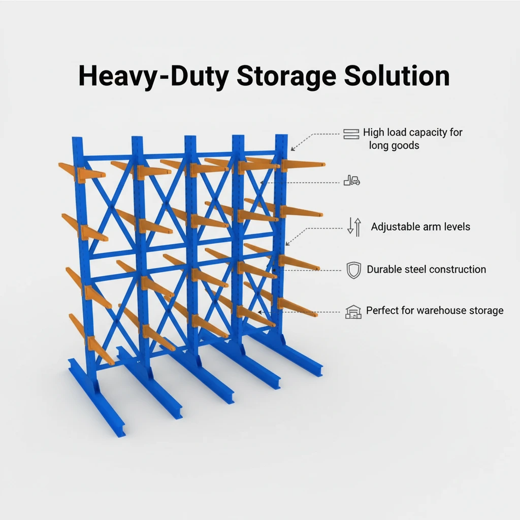 Estantería industrial voladiza de alta resistencia para almacenes, ideal para materiales largos como tuberías y madera. 1